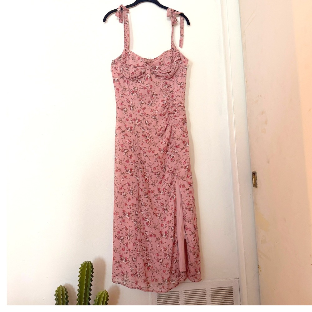 ASTR The Label Pink Floral Midi Dress Tie Strap Sweetheart Slit Cottagecore L